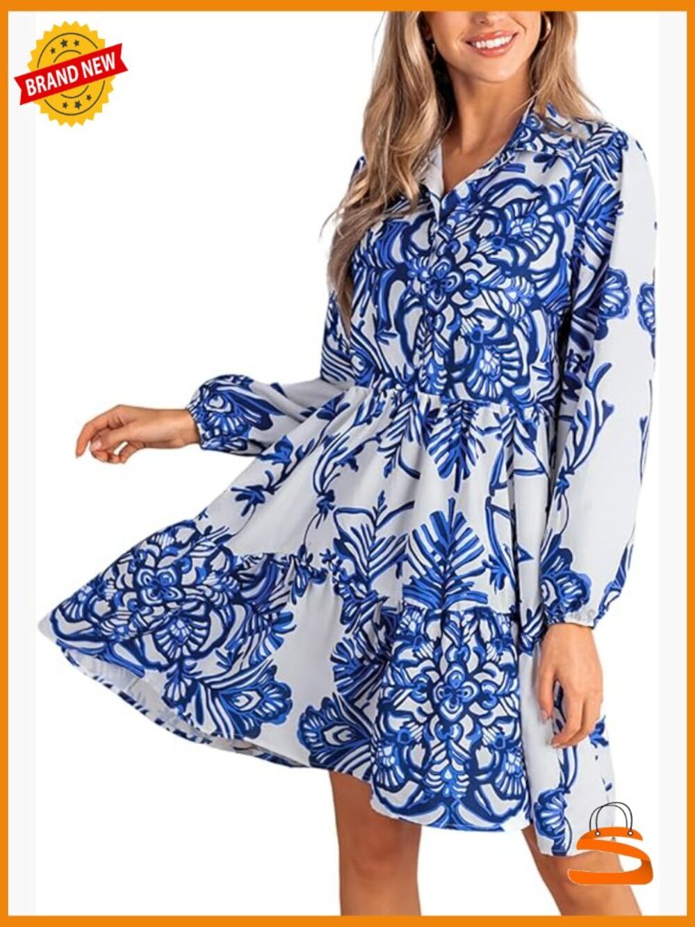 Long Sleeve V-Neck Button Floral Tunic Ruffled Flow Mini Dress